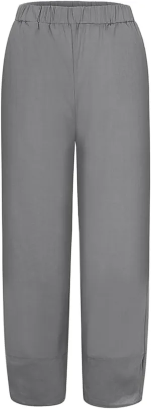 Women Linen Blend Summer Casual Palazzo Lounge Pants Elastic Waist Stretchy Slim Fit Palazzo Lounge Pants