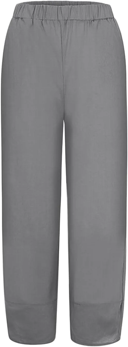 Women Linen Blend Summer Casual Palazzo Lounge Pants Elastic Waist Stretchy Slim Fit Palazzo Lounge Pants
