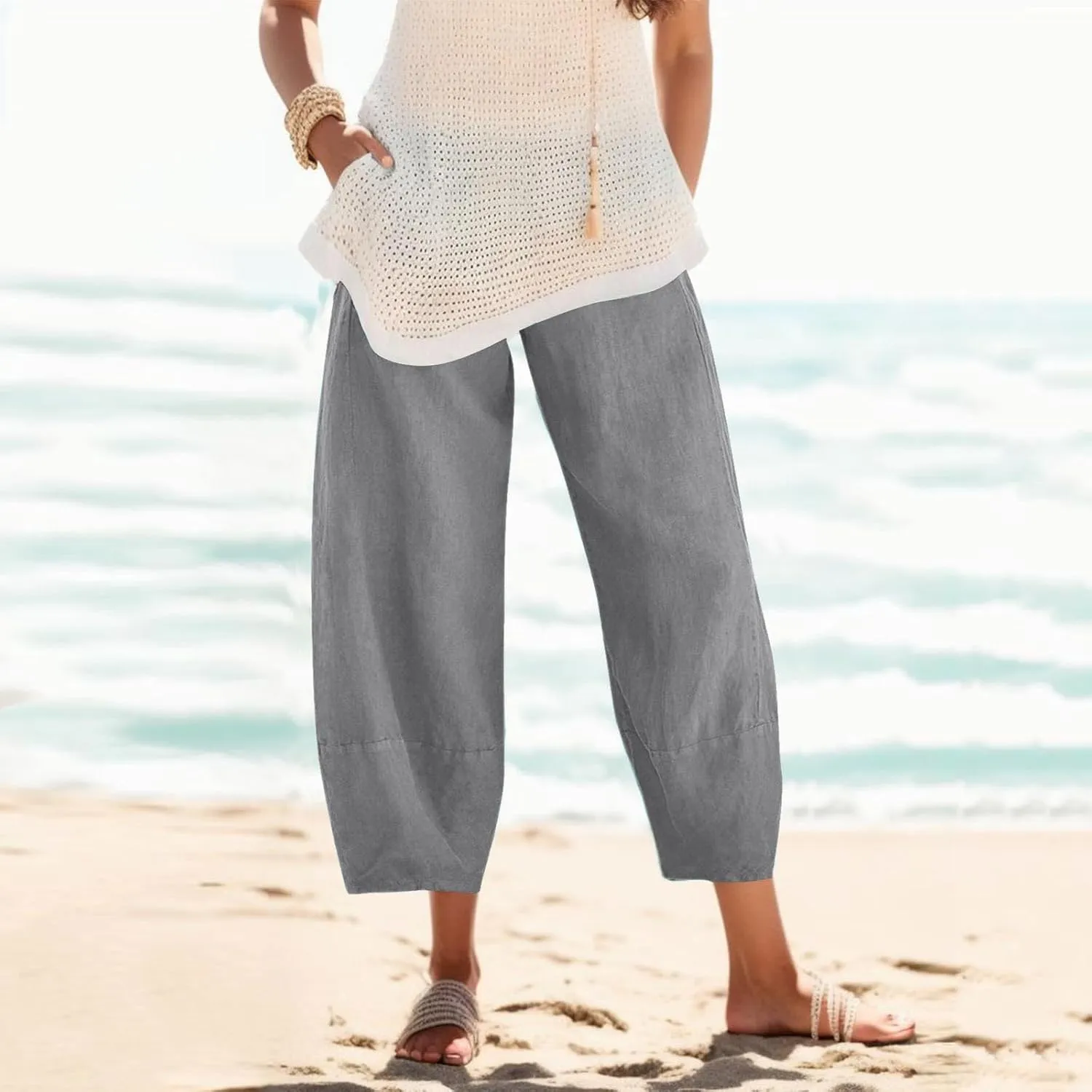 Women Linen Blend Summer Casual Palazzo Lounge Pants Elastic Waist Stretchy Slim Fit Palazzo Lounge Pants