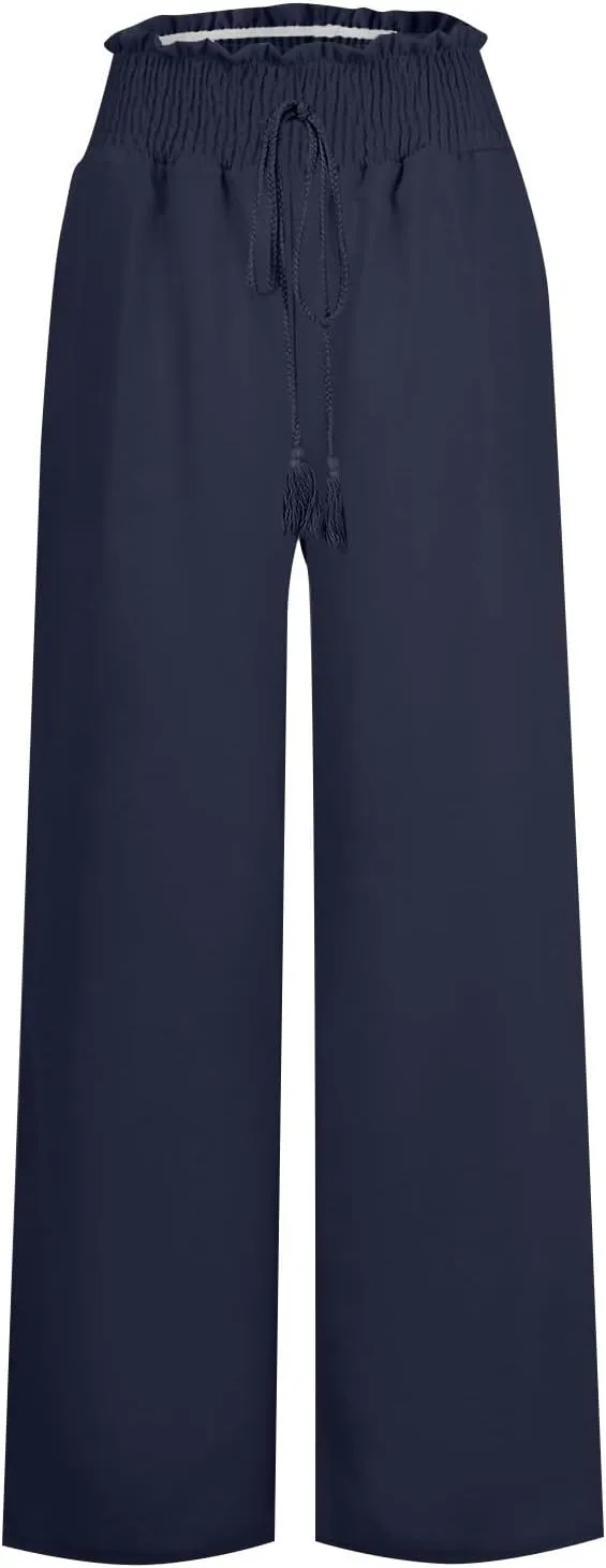 Women Linen Blend Summer Comfy Pant Trousers Elastic Waisted Wide Leg Slim Fit Palazzo Pants Vacation