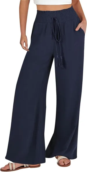 Women Linen Blend Summer Comfy Pant Trousers Elastic Waisted Wide Leg Slim Fit Palazzo Pants Vacation
