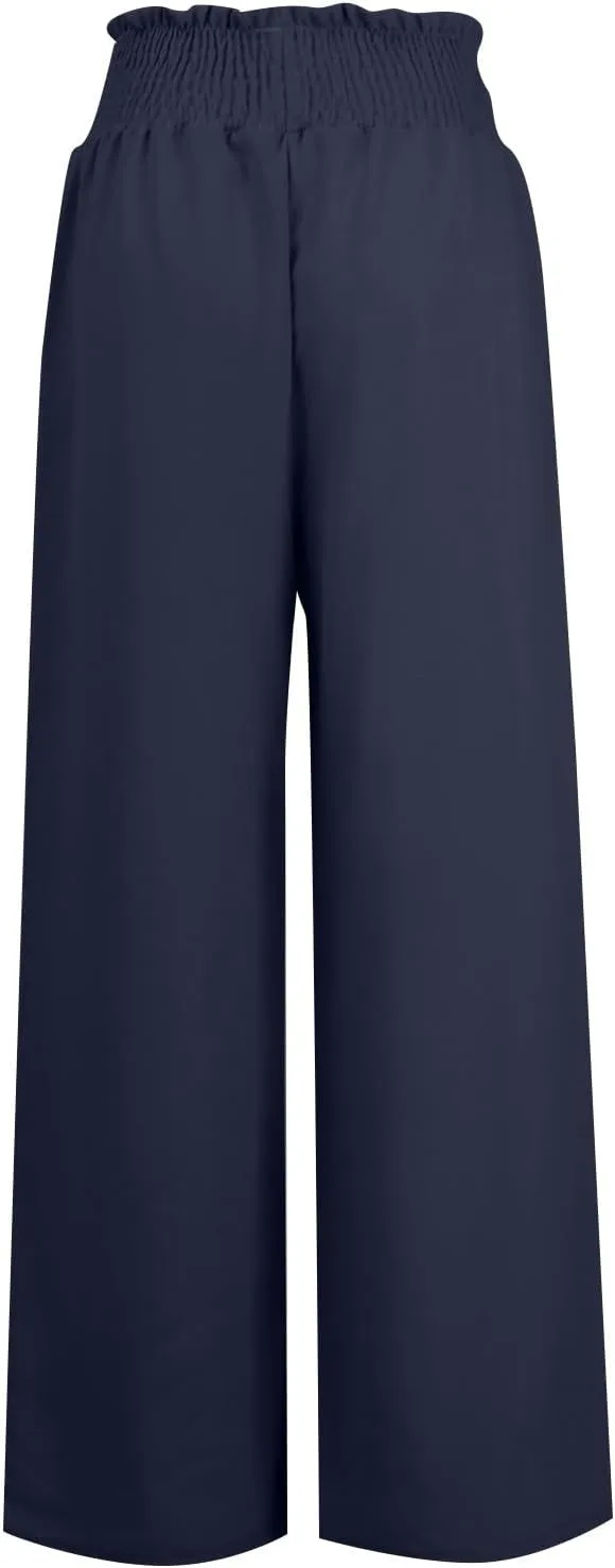 Women Linen Blend Summer Comfy Pant Trousers Elastic Waisted Wide Leg Slim Fit Palazzo Pants Vacation