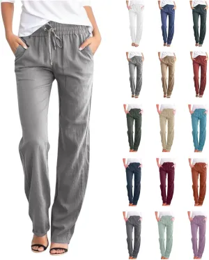 Women Linen Pants Beach Wide Leg Drawstring Joggers Cotton Loose Gauze Pants Summer Cute Causal Lightweight Trousers