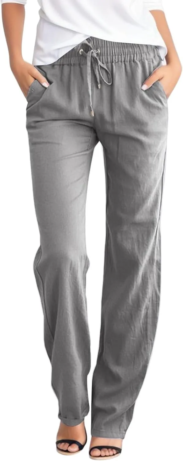 Women Linen Pants Beach Wide Leg Drawstring Joggers Cotton Loose Gauze Pants Summer Cute Causal Lightweight Trousers