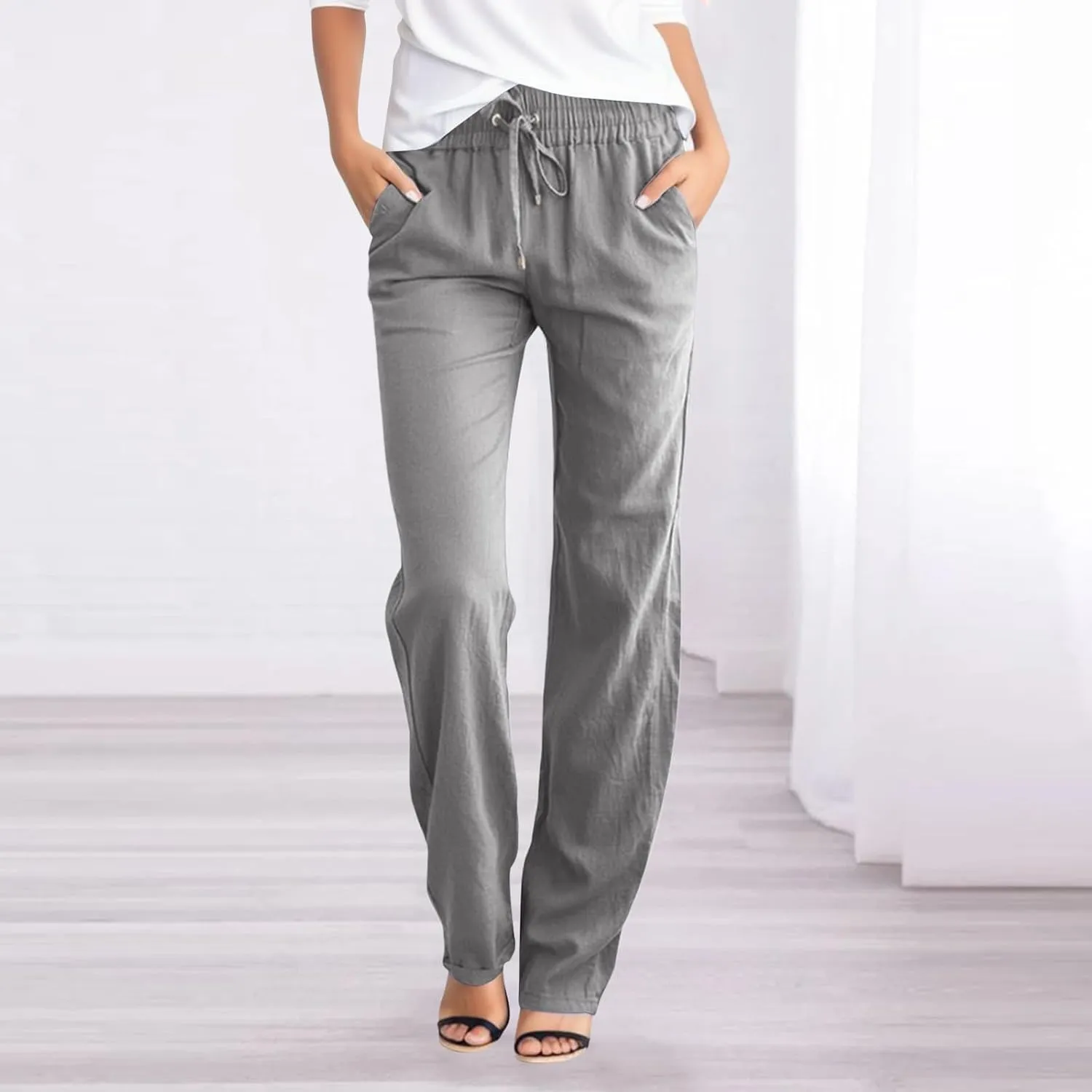 Women Linen Pants Beach Wide Leg Drawstring Joggers Cotton Loose Gauze Pants Summer Cute Causal Lightweight Trousers