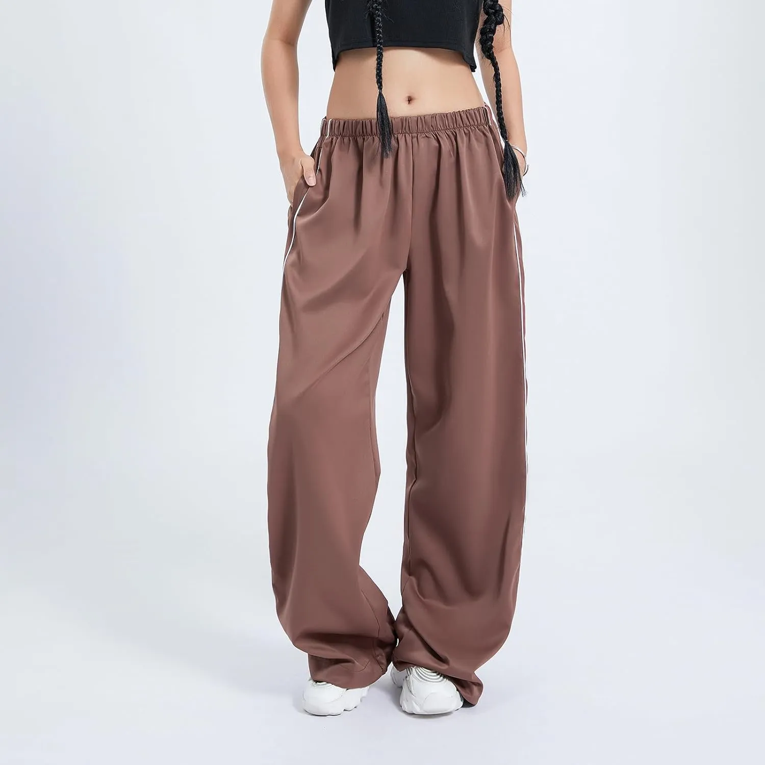 Women Side Striped Track Pants Wide Leg Baggy Sweatpants Parachute Pants Y2K Cargo Pants Joggers Trousers Streetwear