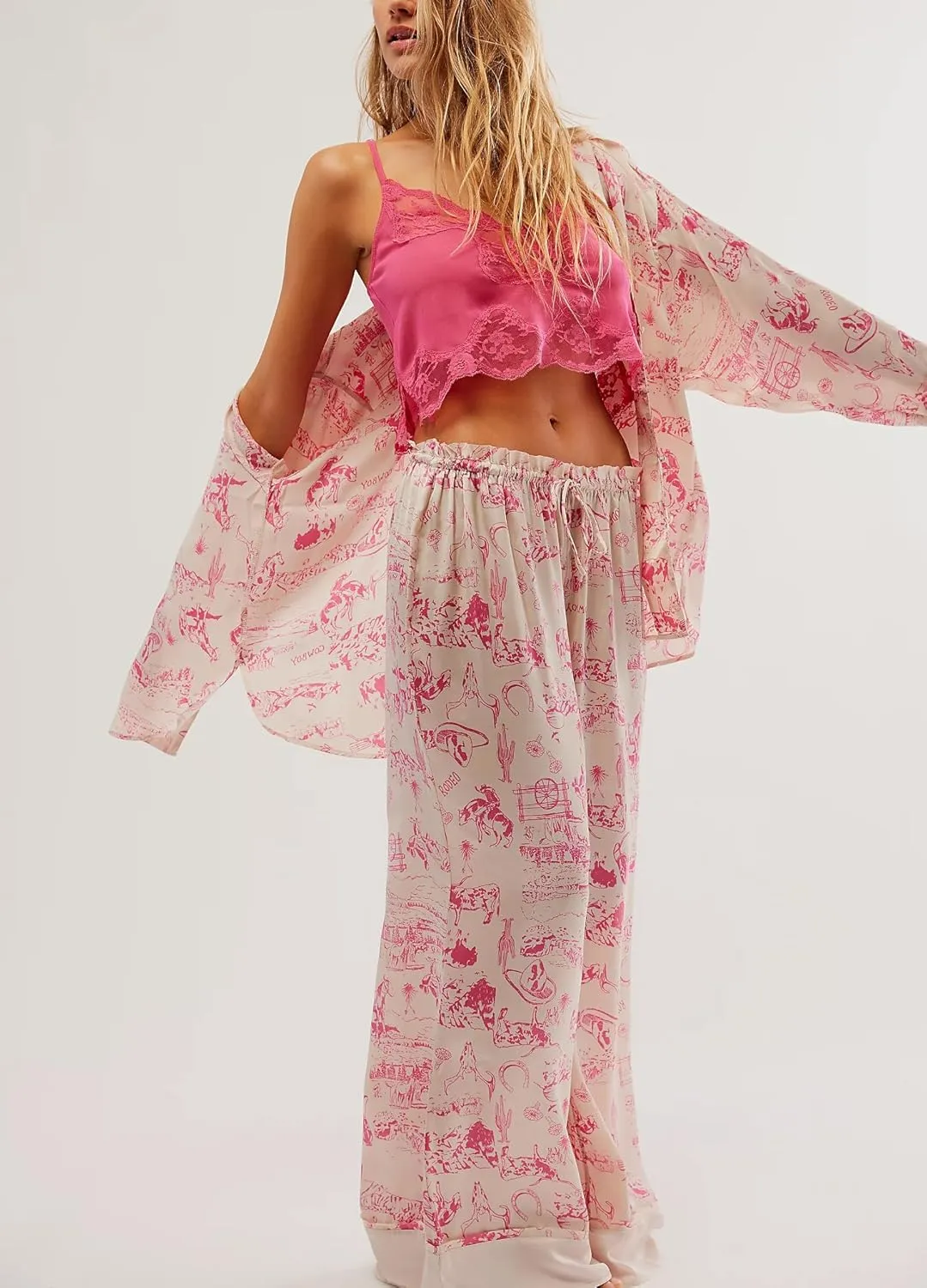 Women Silk Satin Floral Pajamas 2 Piece Wide Leg Lounge Pants Pjs Long Sleeve Button down Coquette Pajama Shirt Set