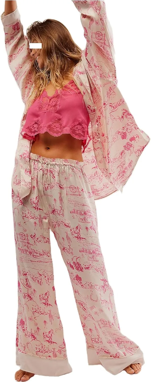Women Silk Satin Floral Pajamas 2 Piece Wide Leg Lounge Pants Pjs Long Sleeve Button down Coquette Pajama Shirt Set
