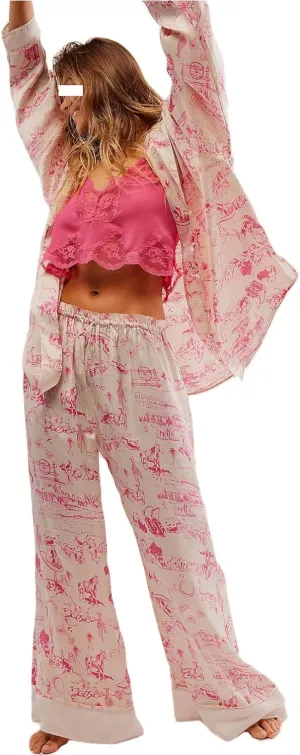 Women Silk Satin Floral Pajamas 2 Piece Wide Leg Lounge Pants Pjs Long Sleeve Button down Coquette Pajama Shirt Set