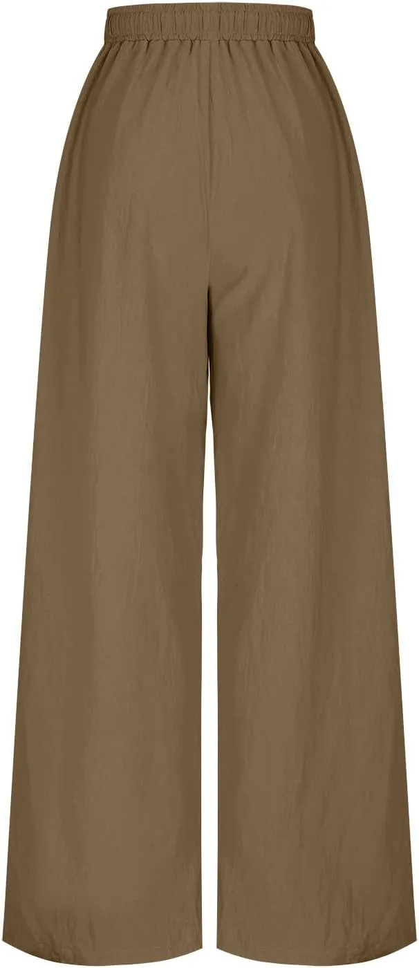 Women Summer Boho Cargo Pants Cotton Linen Baggy Wide Leg Beach Trousers Drawstring Waist Culottes with Pockets