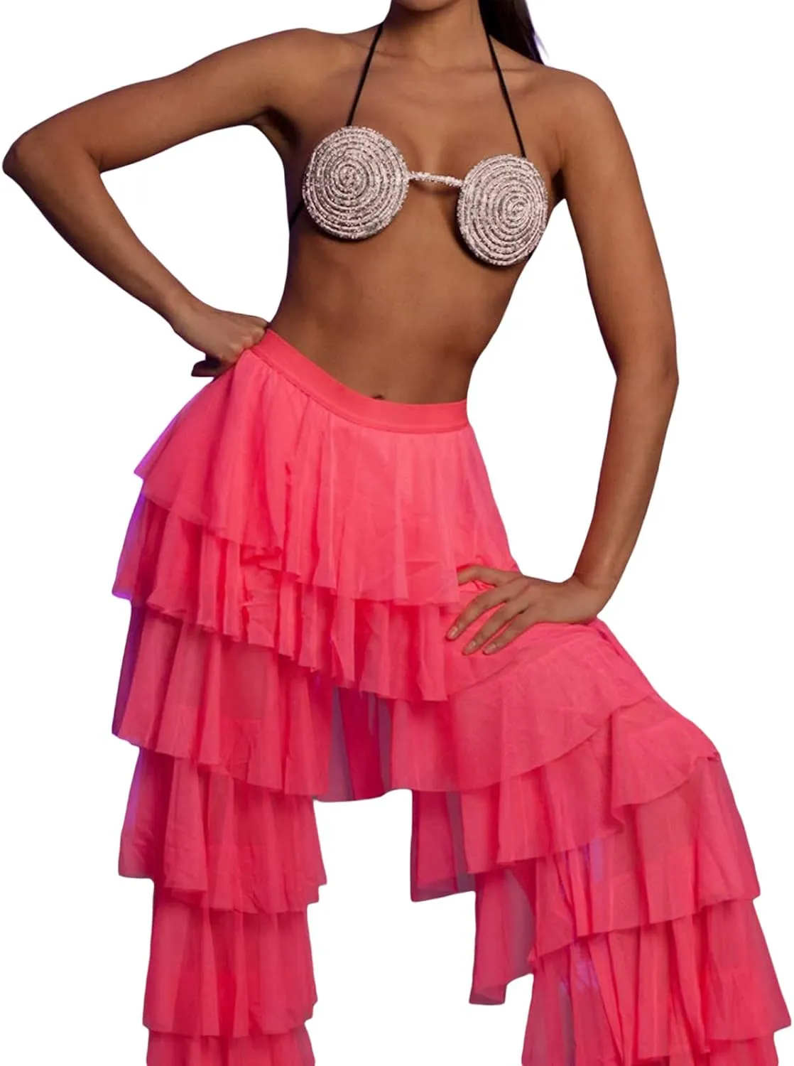 Women Y2k Tulle Mesh Wide Leg Pants High Waist Multi Layer Solid Trousers Sheer Ruffle Tiered Loose Pants