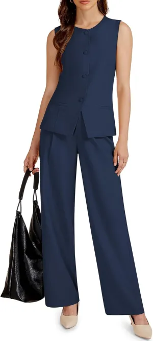 Women's 2 Piece Blazer Outfits Sleeveless Crewneck Vest Wide Leg Pantsuit 2025 Dressy Casual Work Sets