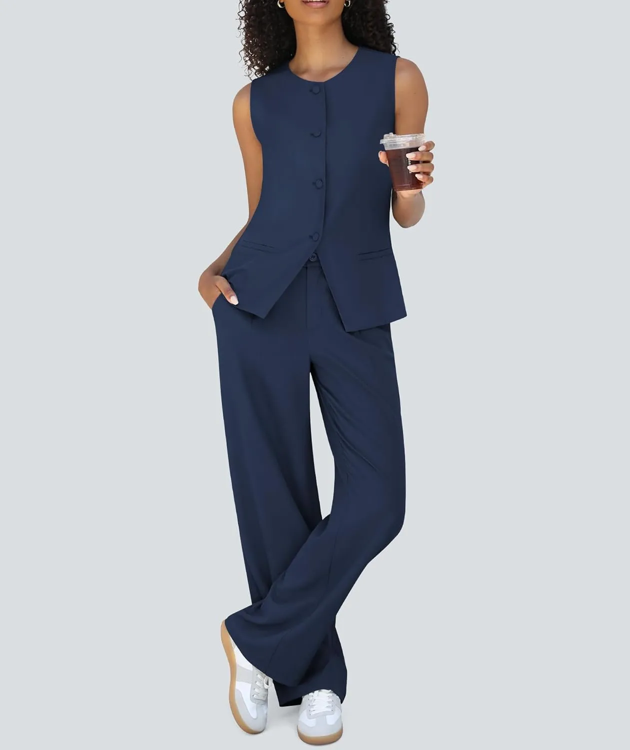 Women's 2 Piece Blazer Outfits Sleeveless Crewneck Vest Wide Leg Pantsuit 2025 Dressy Casual Work Sets