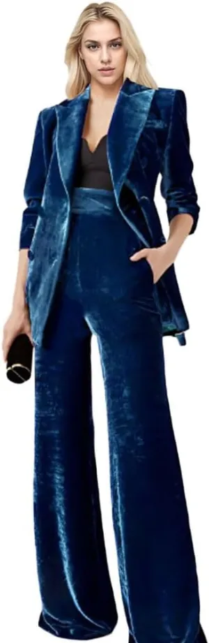 Women's 2 Piece Velvet Suit Office Work Suit Notch Lapel Double Breasted Blazer Pants Business Suit Set