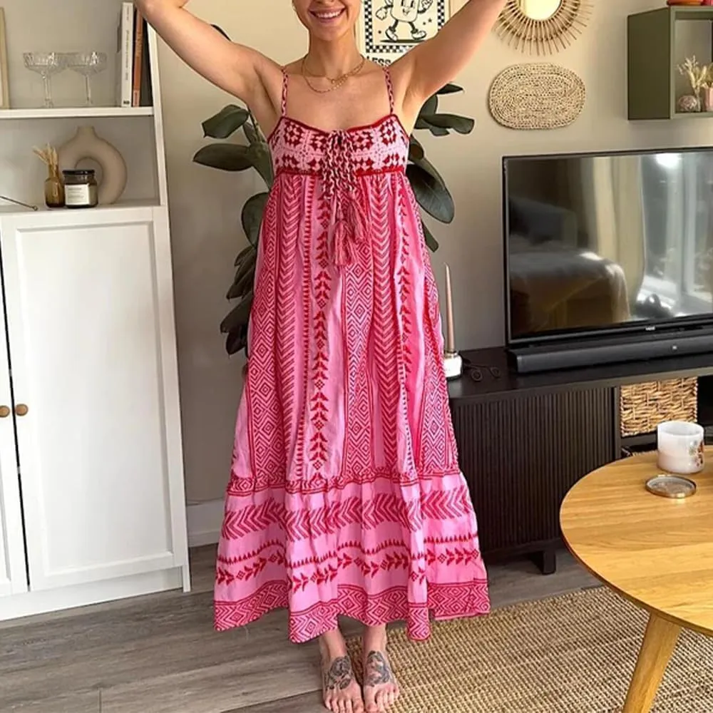 Womens Boho Maxi Dress Crochet Patchwork Sleeveless Long Flowy Swing Dress Pink Beach Summer Sundresses