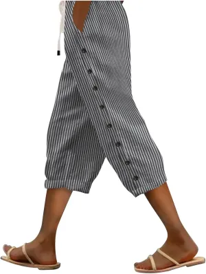 Womens Capris Pants High Waist Drawstring Comfy Casual Pants Casua Lightweight Loose Buttons Trousers with Pockets