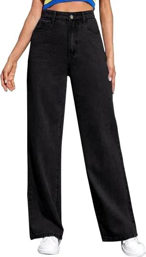 Women's Casual High Waisted Wide Leg Denim Jeans Straight Wide Leg Loose Denim Pants Y2K Harajuku Style Trousers