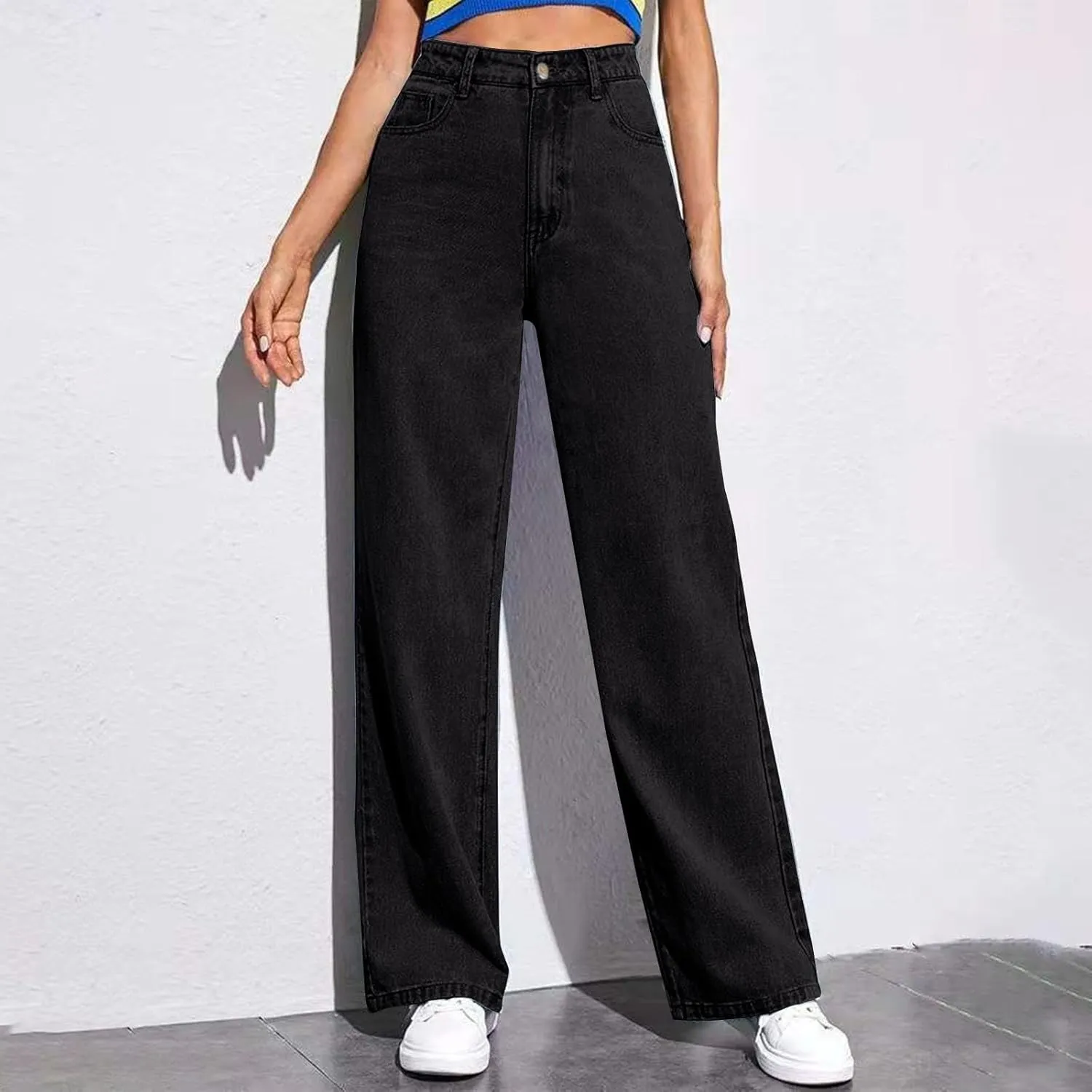 Women's Casual High Waisted Wide Leg Denim Jeans Straight Wide Leg Loose Denim Pants Y2K Harajuku Style Trousers