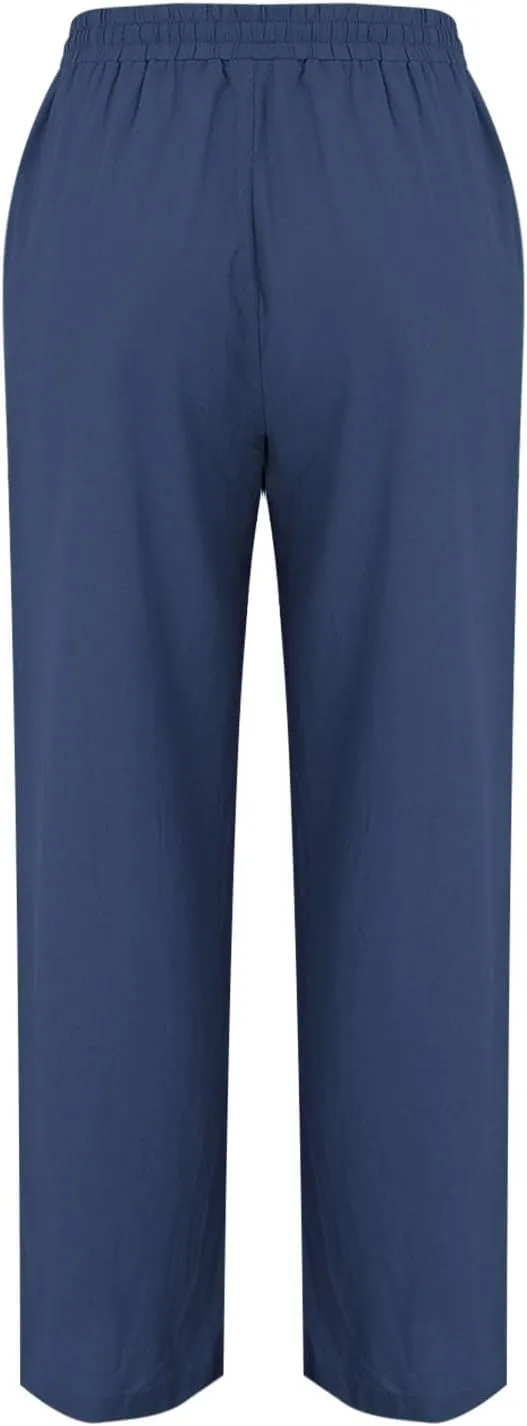 Womens Casual Linen High Waist Pants Wide Leg Drawstring Loose Fit Summer Trousers Summer Beach Pant with Side Pocket