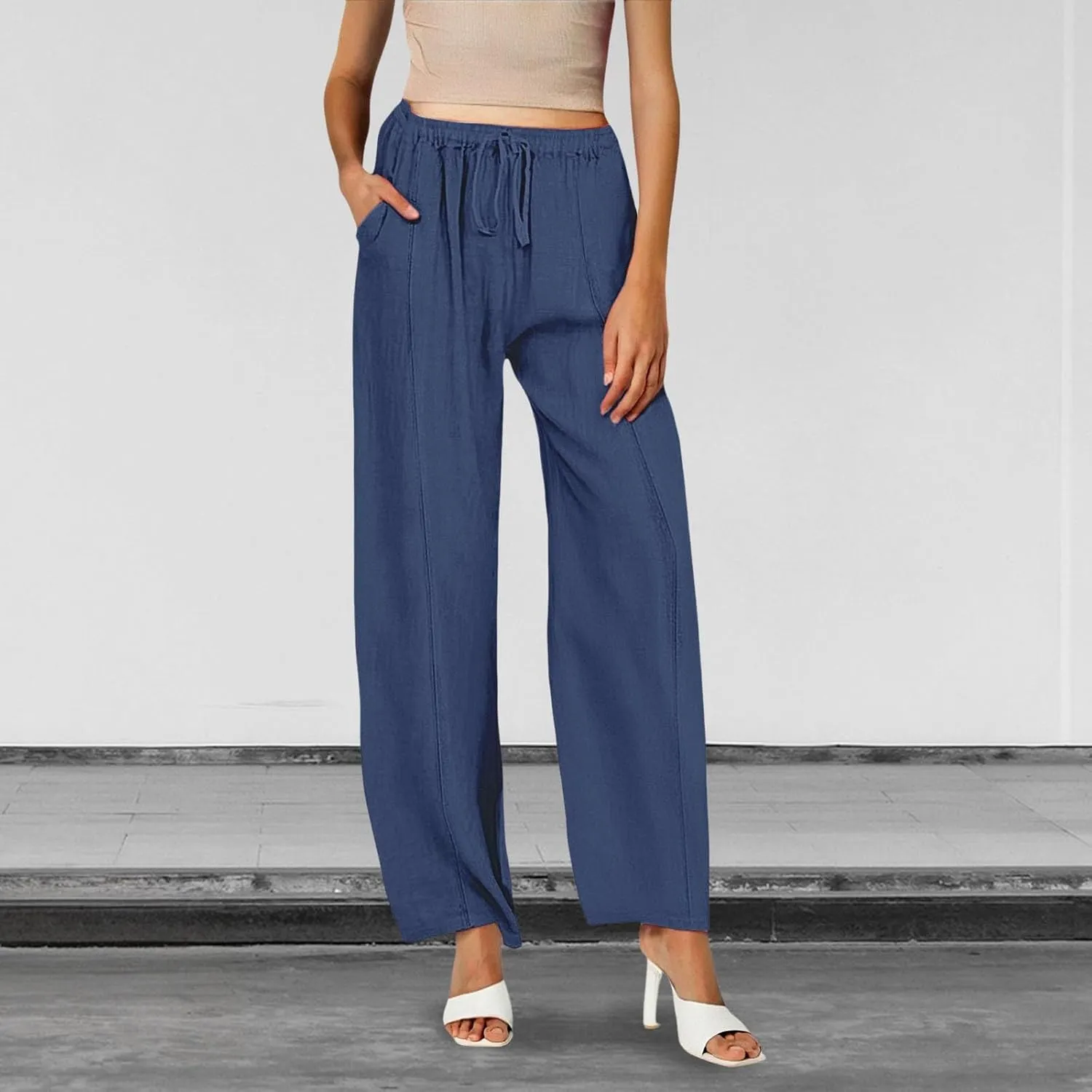 Womens Casual Linen High Waist Pants Wide Leg Drawstring Loose Fit Summer Trousers Summer Beach Pant with Side Pocket