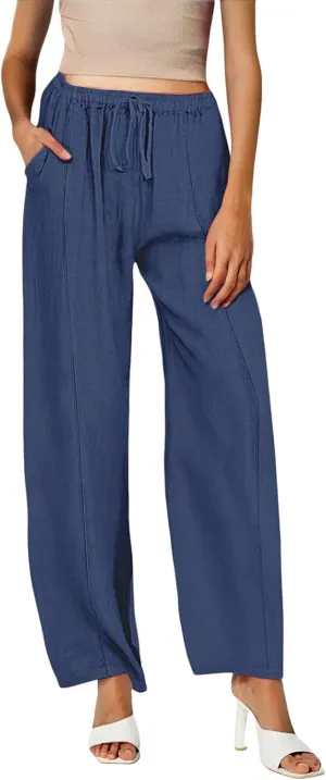 Womens Casual Linen High Waist Pants Wide Leg Drawstring Loose Fit Summer Trousers Summer Beach Pant with Side Pocket