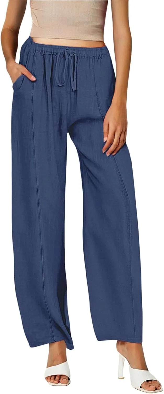 Womens Casual Linen High Waist Pants Wide Leg Drawstring Loose Fit Summer Trousers Summer Beach Pant with Side Pocket