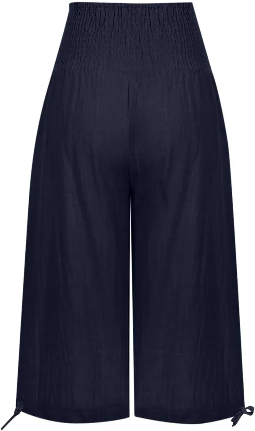 Womens Cotton Linen Capri Pants High Waisted Flowy Lounge Wide Leg Palazzo Capris Baggy Summer Casual Cropped Trouser