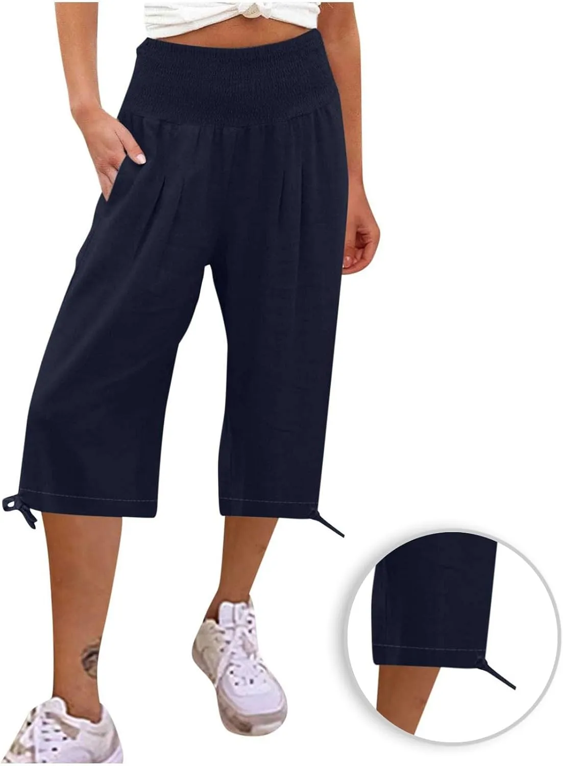 Womens Cotton Linen Capri Pants High Waisted Flowy Lounge Wide Leg Palazzo Capris Baggy Summer Casual Cropped Trouser