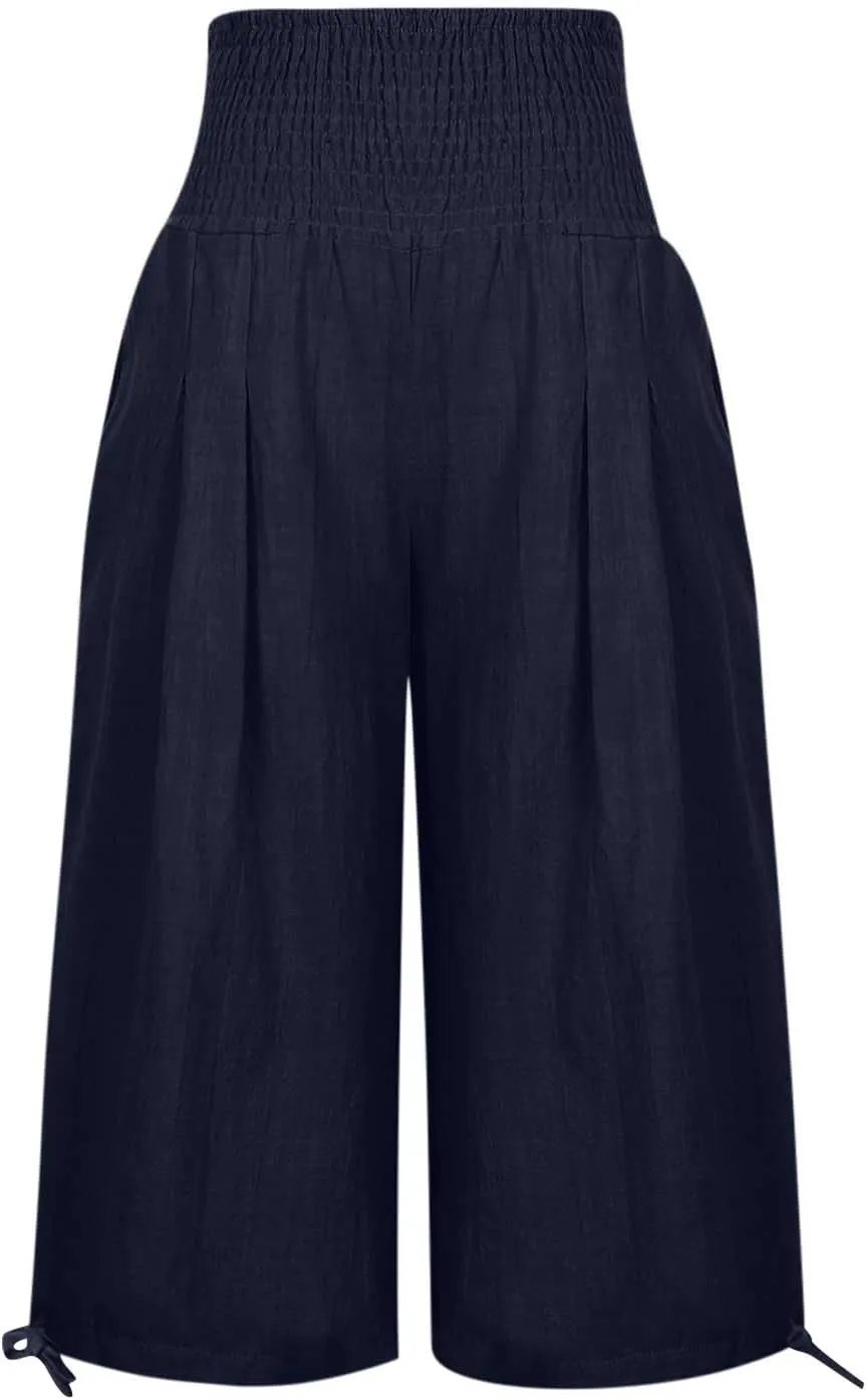 Womens Cotton Linen Capri Pants High Waisted Flowy Lounge Wide Leg Palazzo Capris Baggy Summer Casual Cropped Trouser