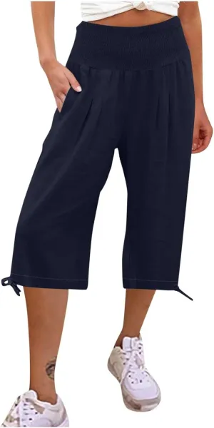 Womens Cotton Linen Capri Pants High Waisted Flowy Lounge Wide Leg Palazzo Capris Baggy Summer Casual Cropped Trouser