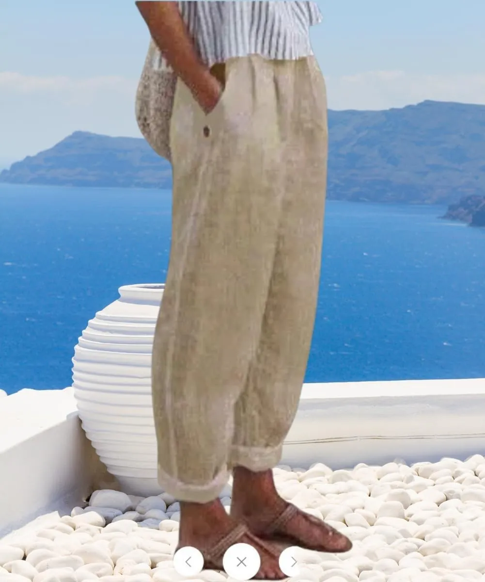 Women's Cotton Linen Pants Casual Elastic High Waisted Straight Leg Palazzo Pants with Pockets Solid Comfy Trousers
