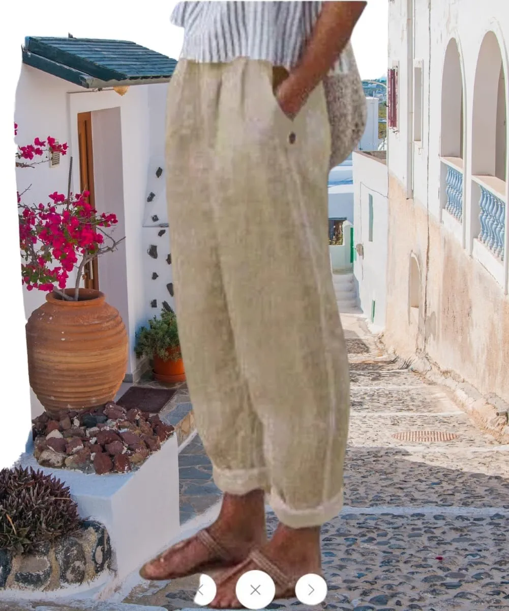 Women's Cotton Linen Pants Casual Elastic High Waisted Straight Leg Palazzo Pants with Pockets Solid Comfy Trousers