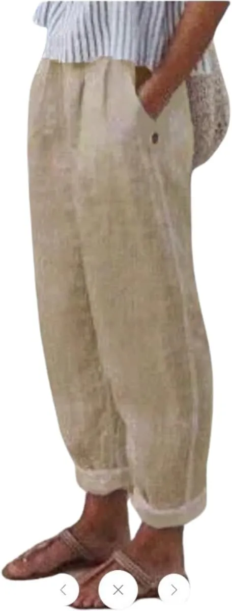 Women's Cotton Linen Pants Casual Elastic High Waisted Straight Leg Palazzo Pants with Pockets Solid Comfy Trousers