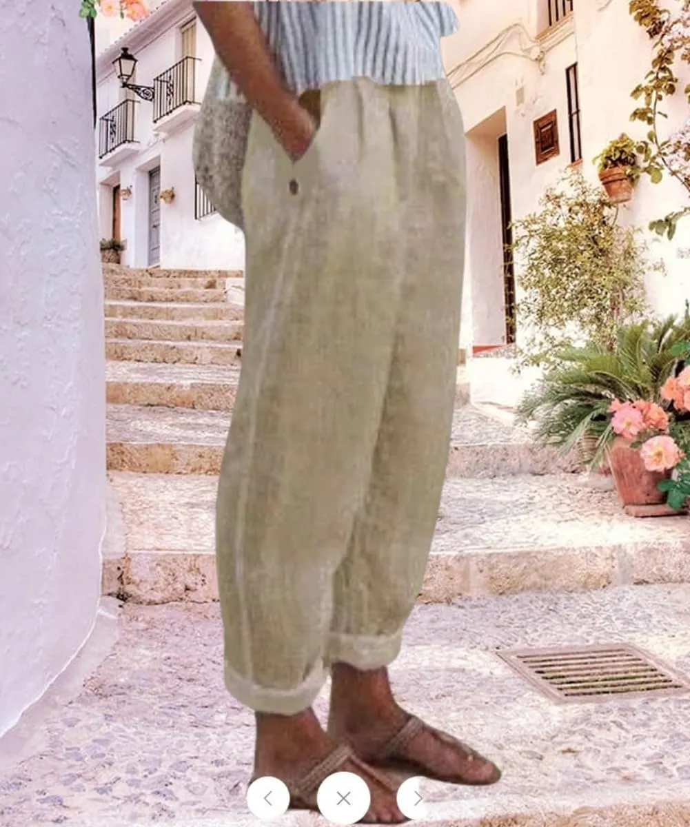 Women's Cotton Linen Pants Casual Elastic High Waisted Straight Leg Palazzo Pants with Pockets Solid Comfy Trousers