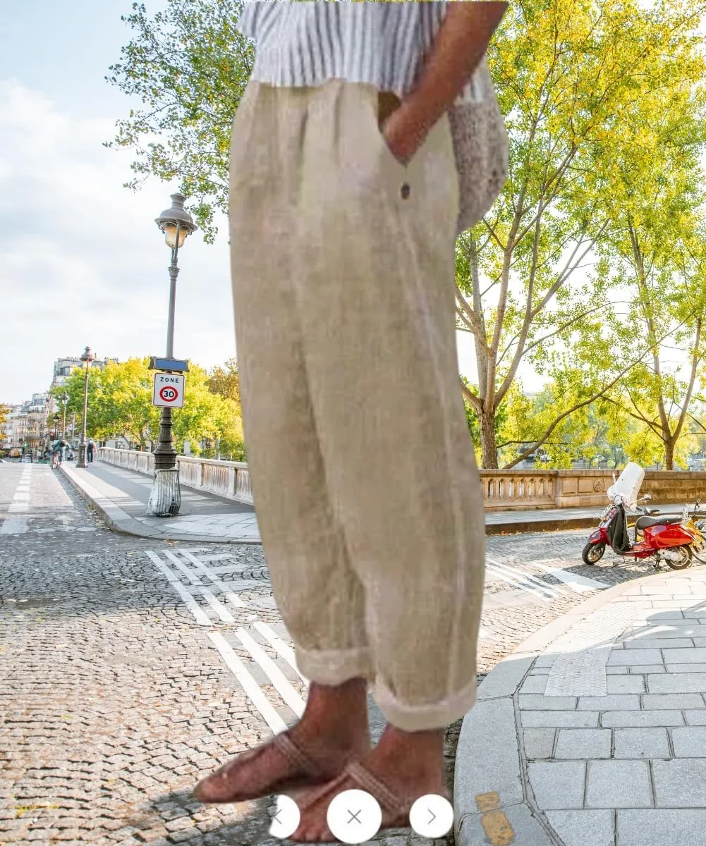 Women's Cotton Linen Pants Casual Elastic High Waisted Straight Leg Palazzo Pants with Pockets Solid Comfy Trousers