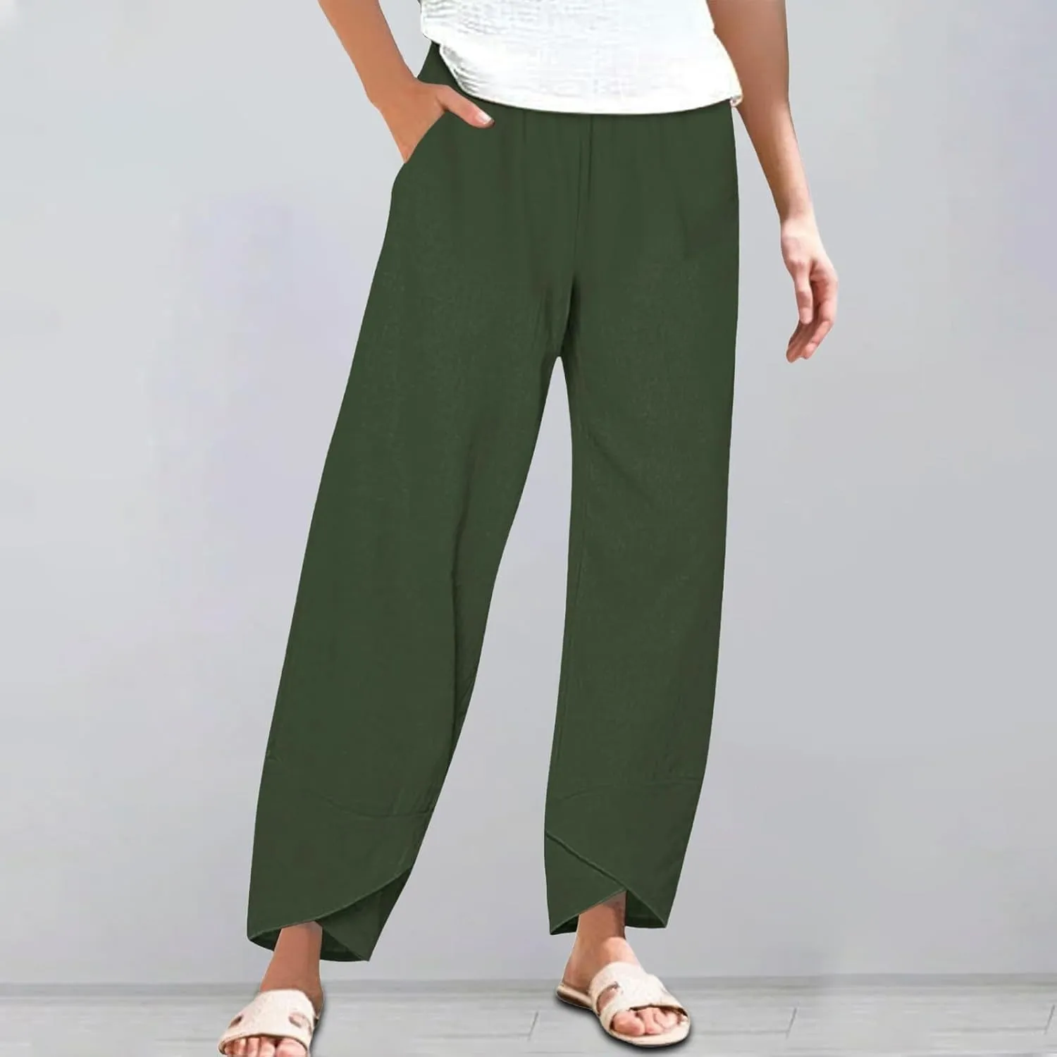 Womens Cotton Linen Straight Pants Spring Summer High-Waist Pant Loose Trousers with Irregular Pant Legs for Vacation