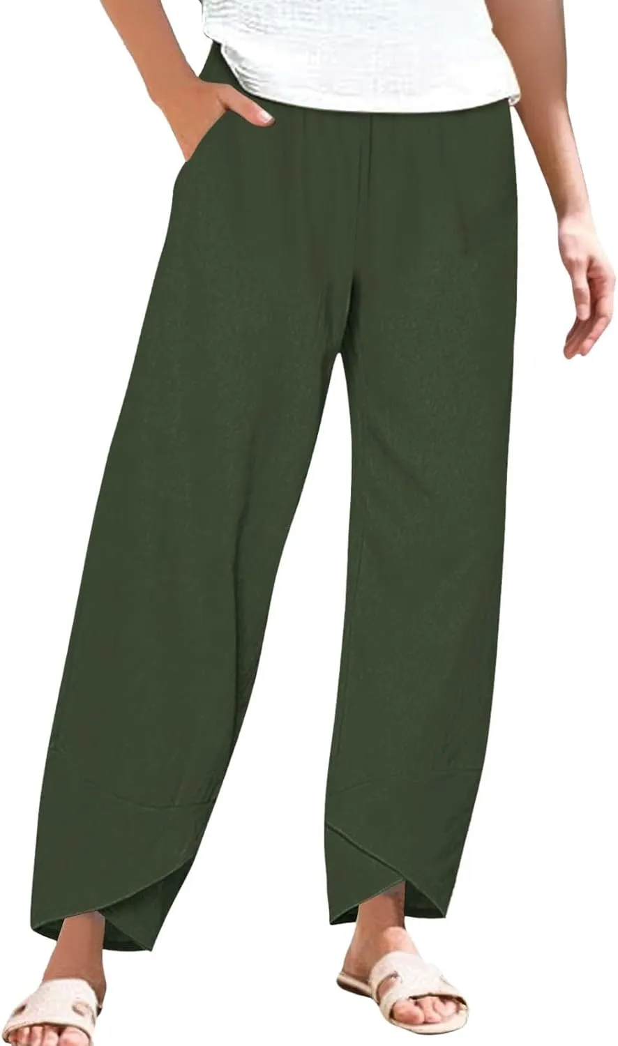 Womens Cotton Linen Straight Pants Spring Summer High-Waist Pant Loose Trousers with Irregular Pant Legs for Vacation