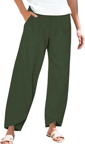 Womens Cotton Linen Straight Pants Spring Summer High-Waist Pant Loose Trousers with Irregular Pant Legs for Vacation