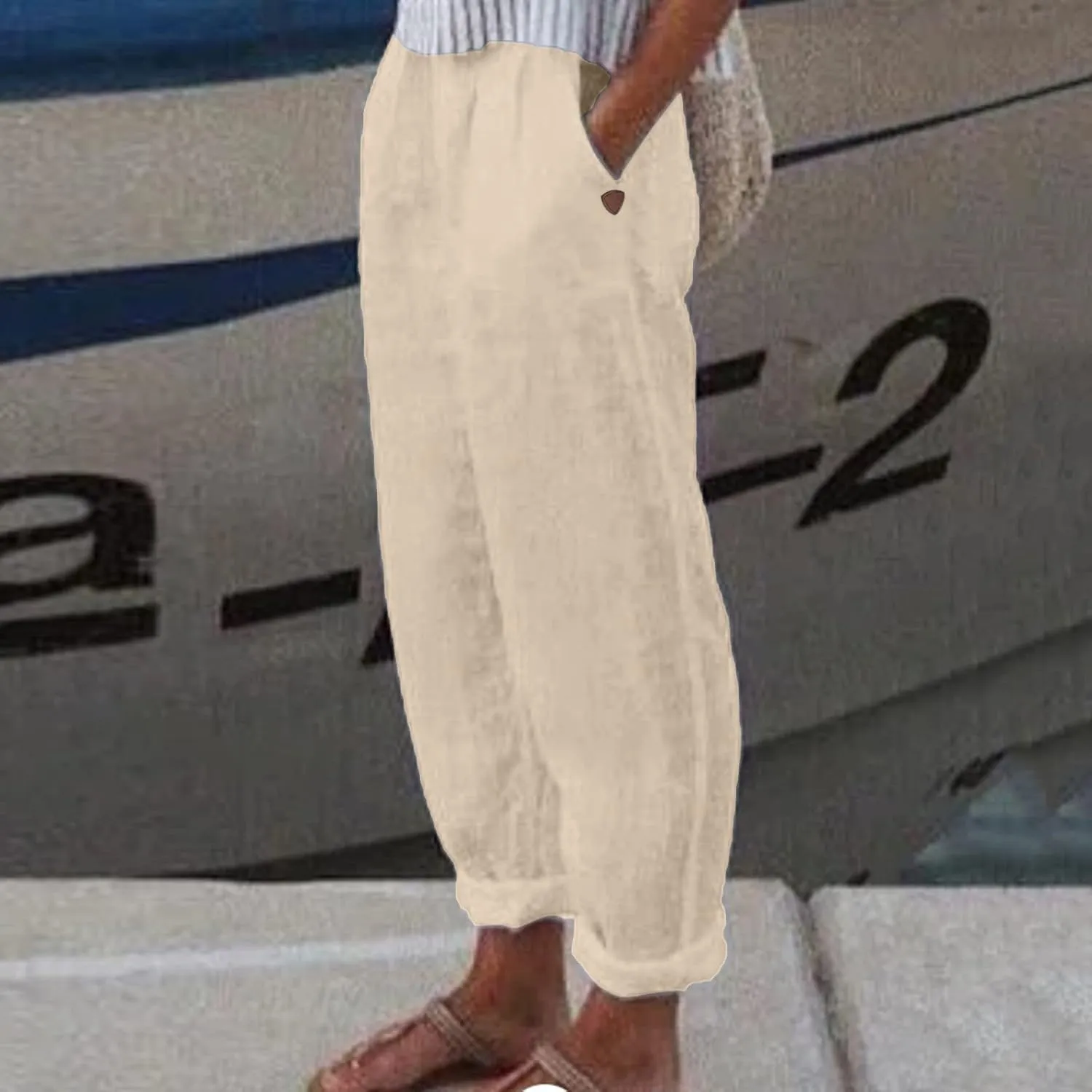 Women's Cotton Linen Summer Boho Palazzo Lounge Pants Elastic Waist Baggy Stretchy Slim Fit Trouser Vacation