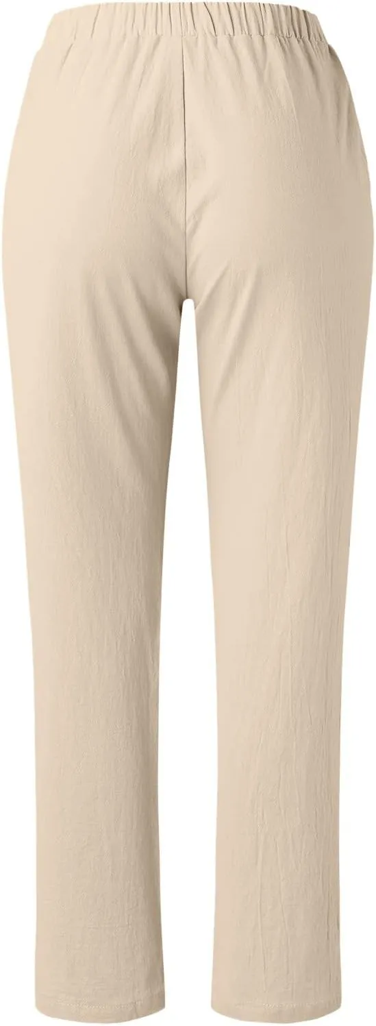 Women's Cotton Linen Summer Boho Palazzo Lounge Pants Elastic Waist Baggy Stretchy Slim Fit Trouser Vacation