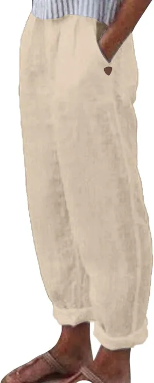Women's Cotton Linen Summer Boho Palazzo Lounge Pants Elastic Waist Baggy Stretchy Slim Fit Trouser Vacation