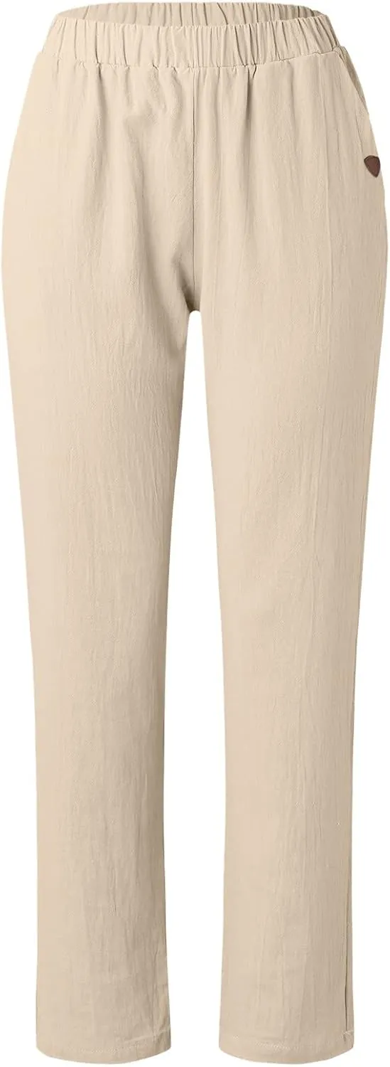 Women's Cotton Linen Summer Boho Palazzo Lounge Pants Elastic Waist Baggy Stretchy Slim Fit Trouser Vacation