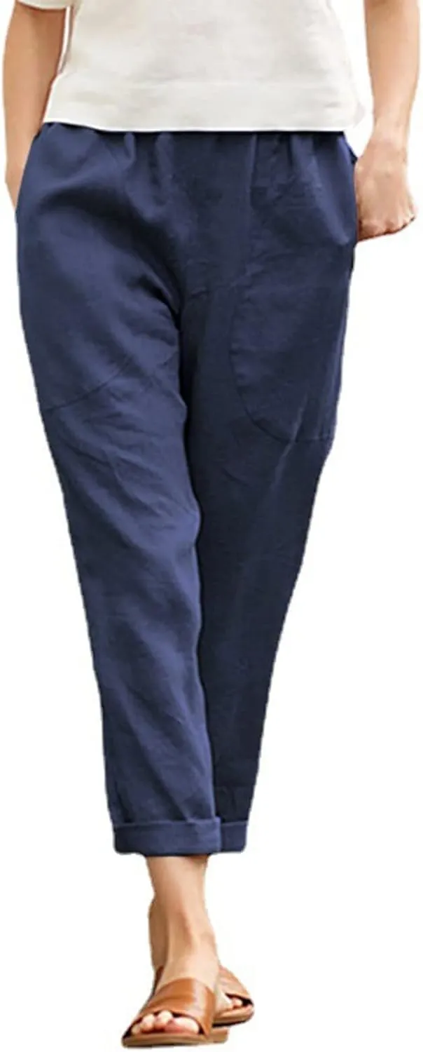 Women's Cotton Linen Summer Drawstring Pants Low Waist Bootcut Slim-Fit Pants Travel