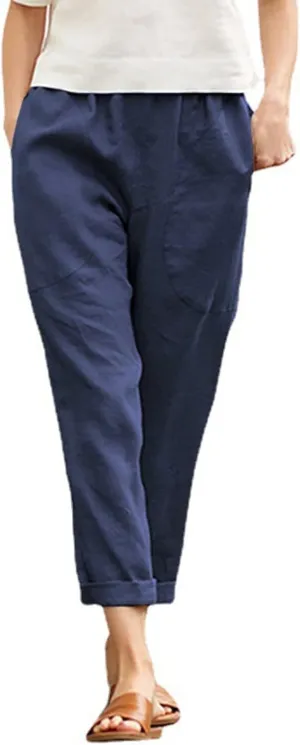 Women's Cotton Linen Summer Drawstring Pants Low Waist Bootcut Slim-Fit Pants Travel