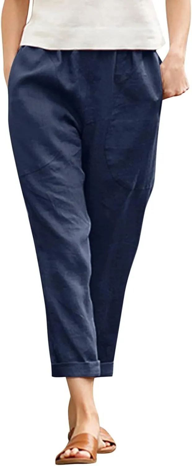 Women's Cotton Linen Summer Drawstring Pants Low Waist Bootcut Slim-Fit Pants Travel