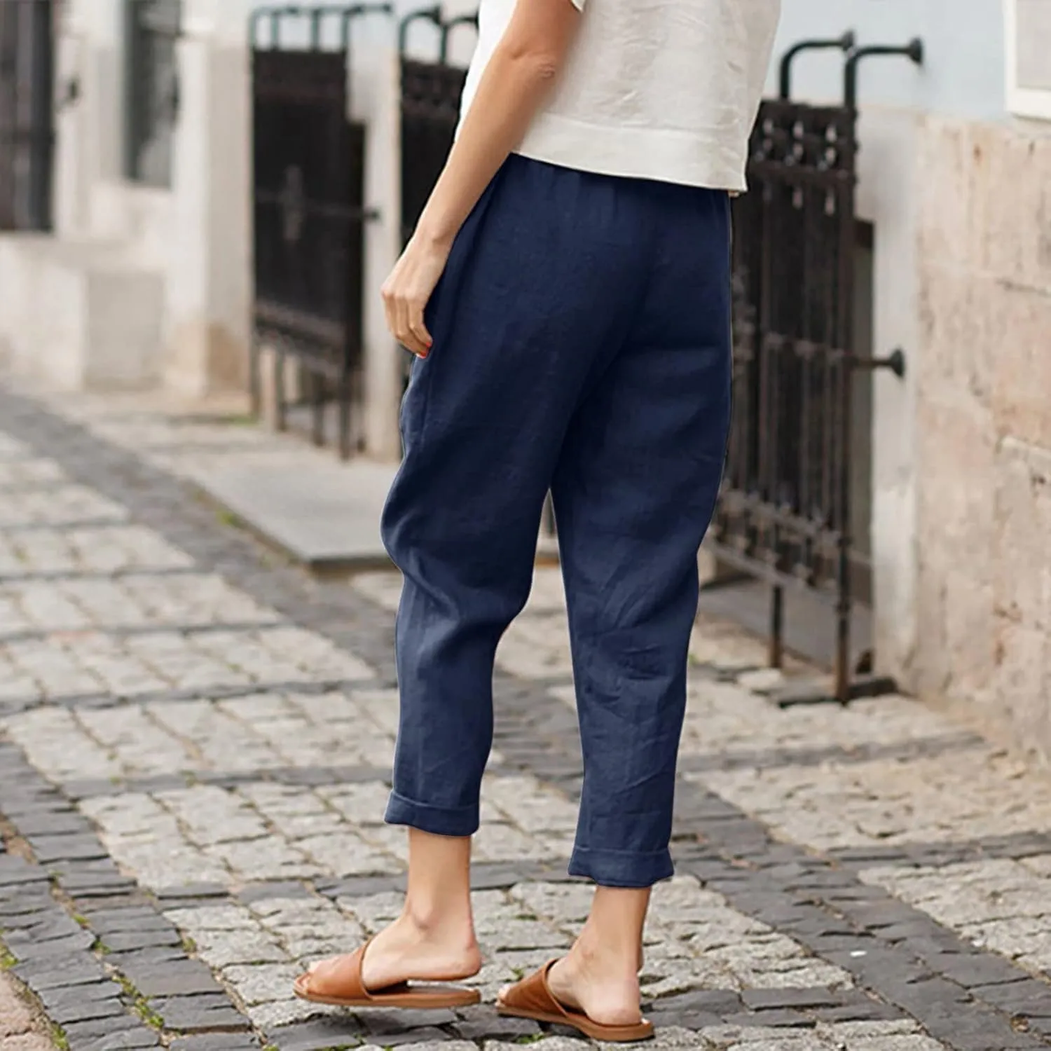 Women's Cotton Linen Summer Drawstring Pants Low Waist Bootcut Slim-Fit Pants Travel