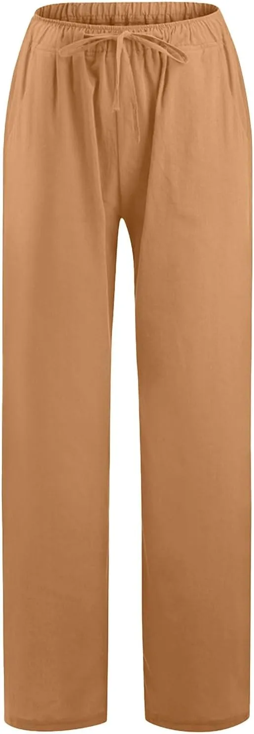 Women's Cotton Linen Summer Fashion Pant Trousers Elastic Waist Stretchy Slim-Fit Palazzo Lounge Pants