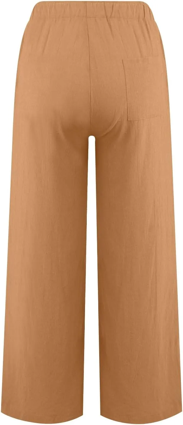 Women's Cotton Linen Summer Fashion Pant Trousers Elastic Waist Stretchy Slim-Fit Palazzo Lounge Pants