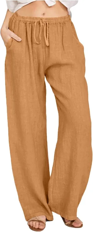 Women's Cotton Linen Summer Fashion Pant Trousers Elastic Waist Stretchy Slim-Fit Palazzo Lounge Pants