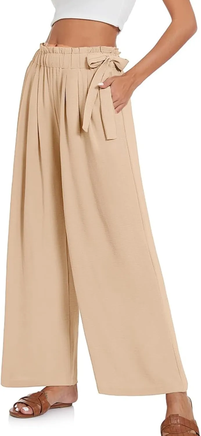 Women's Cotton Linen Summer Y2K Streetwear Palazzo Lounge Pants Elastic Waist Baggy Stretchy Slim-Fit